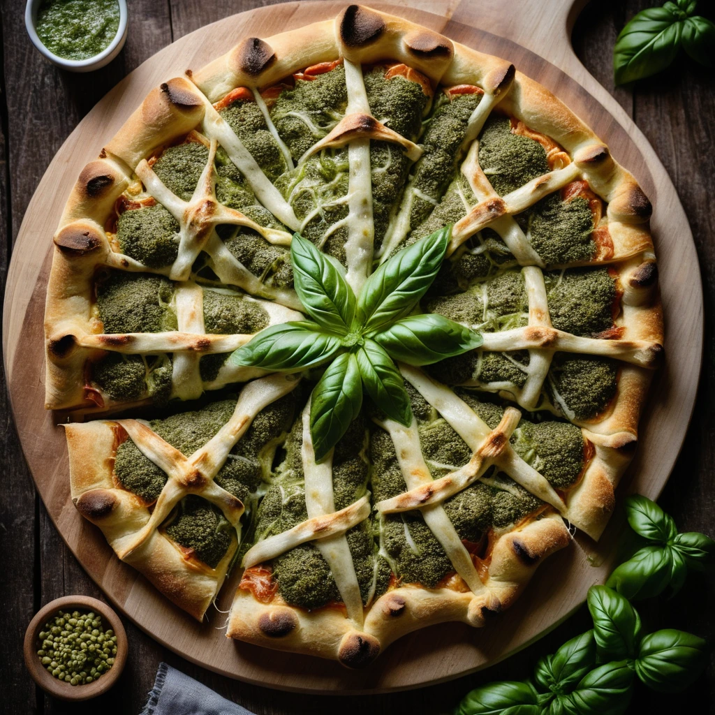 A star-shaped pizza with melted cheese and green pesto, served on a rustic wooden board.
