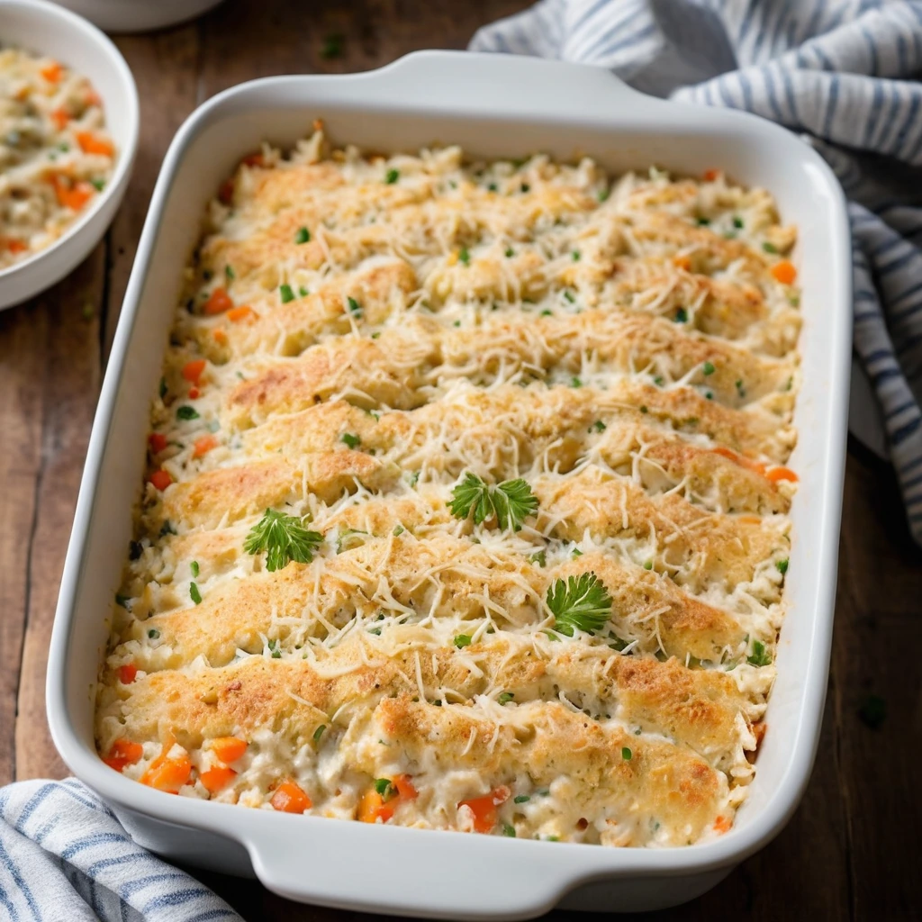 Golden casserole topped with melted bubbly cheese and a sprinkle of paprika in a baking dish.