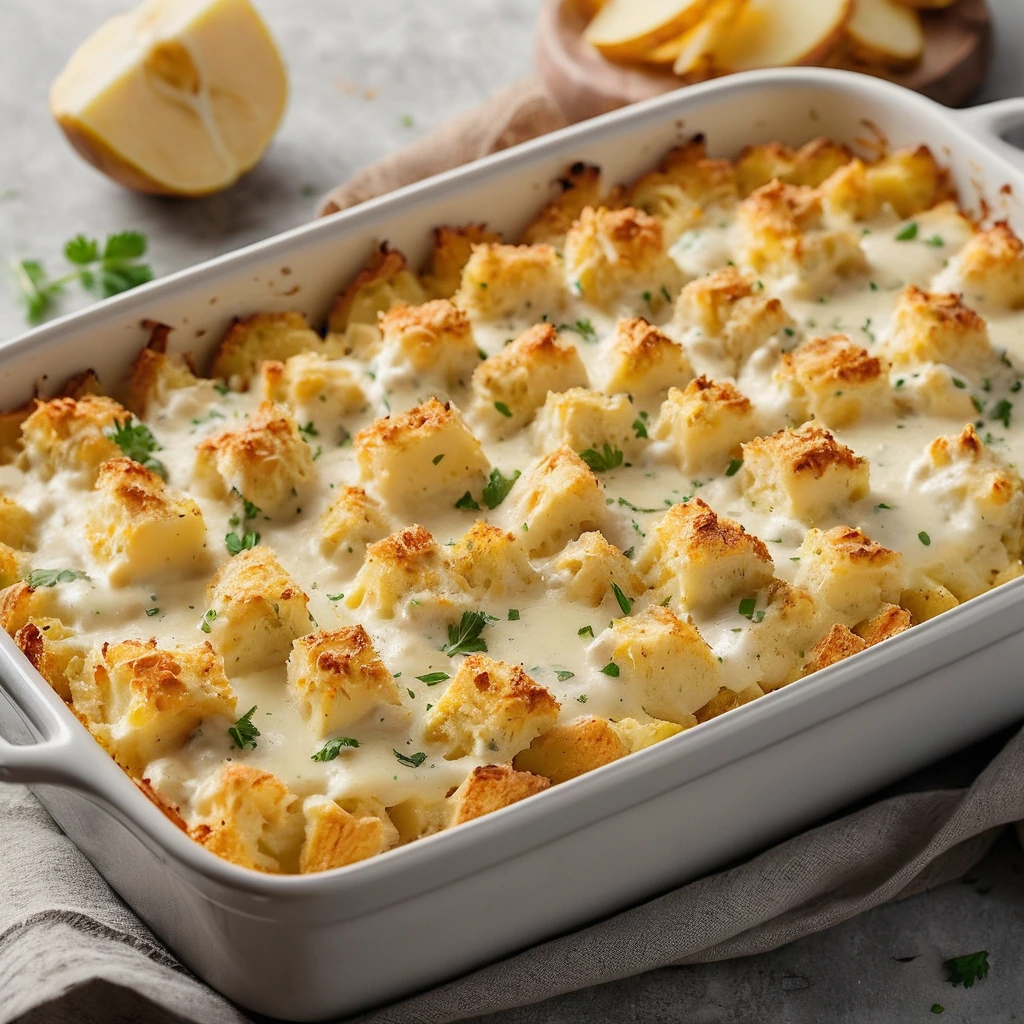 Baked casserole in a rectangular dish with golden cheese topping, surrounded by tender chicken and potato chunks.
