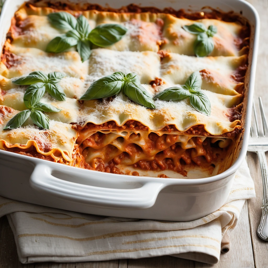 Baked casserole in a rectangular dish with layers of ravioli, marinara sauce, and bubbly melted cheese on top.