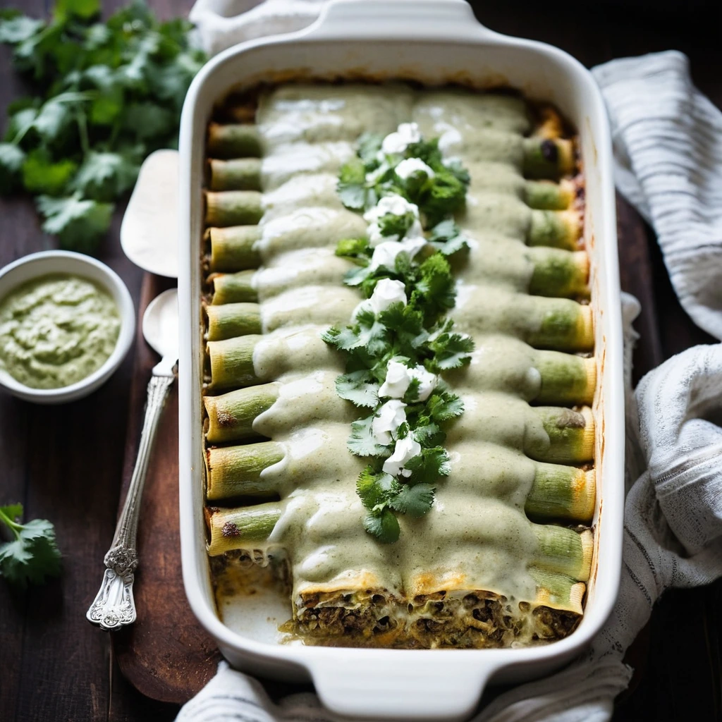 Baked enchiladas with green sauce and bubbly melted cheese served in a rectangular dish