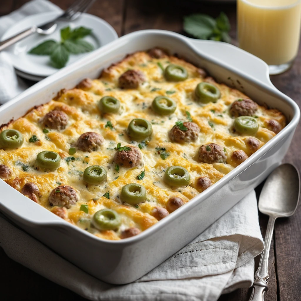 A rectangular casserole dish with golden-brown top, bubbly cheese, and hints of green from diced bell peppers.