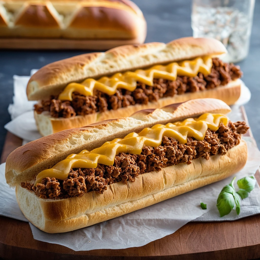 A sliced French baguette filled with a mixture of ground beef and melted cheese, with a golden-brown crust.