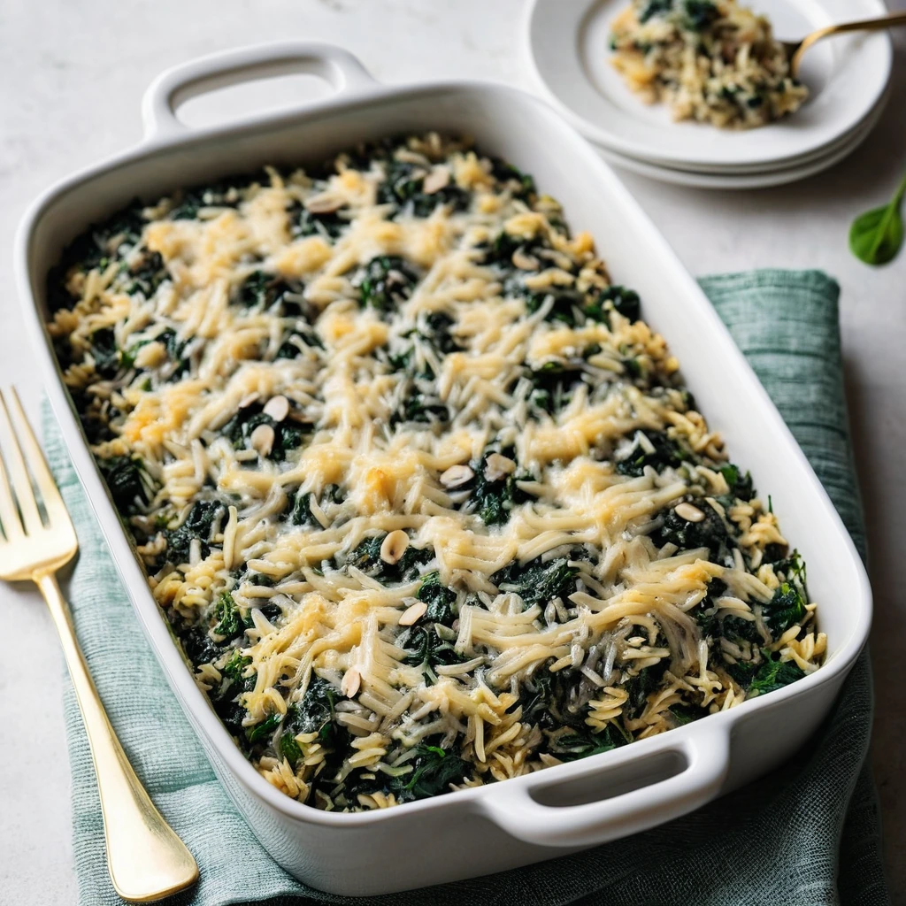 Golden bubbly casserole in a rectangular dish, topped with melted cheese and flecks of green spinach.