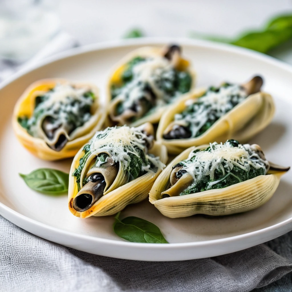 Baked pasta shells filled with a green and brown mixture, topped with melted bubbly orange cheese, arranged on a white plate.