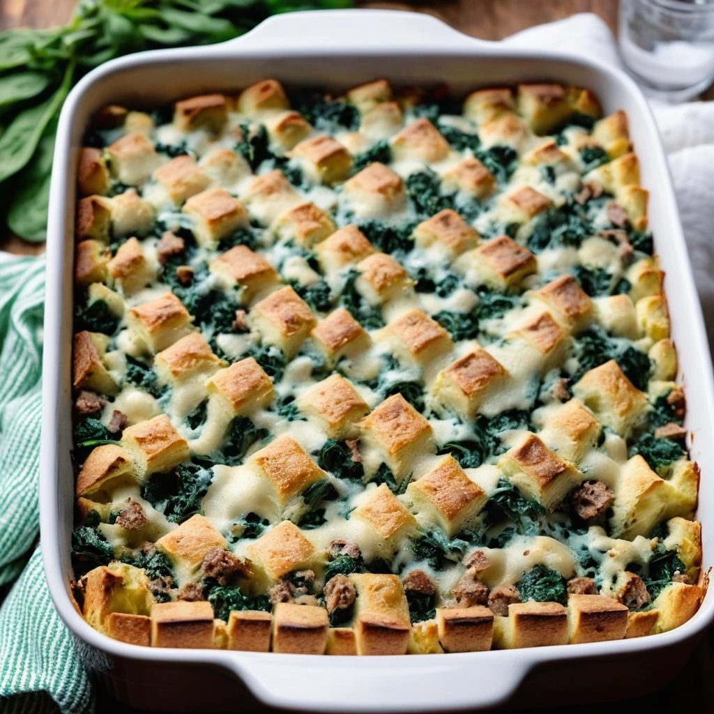 Golden strata with layers of sausage, spinach, and melted cheese in a rectangular baking dish.
