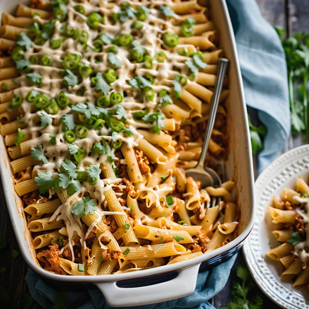 Baked pasta dish with melted cheese on top, green onions sprinkled, served in a casserole dish.