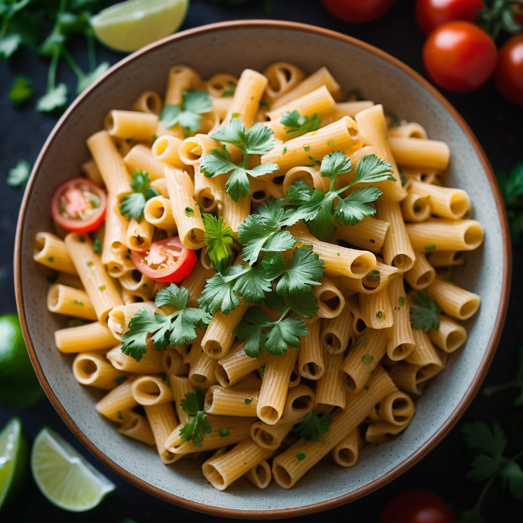 Creamy pasta in a red bowl topped with melted cheese, diced tomatoes, and fresh cilantro