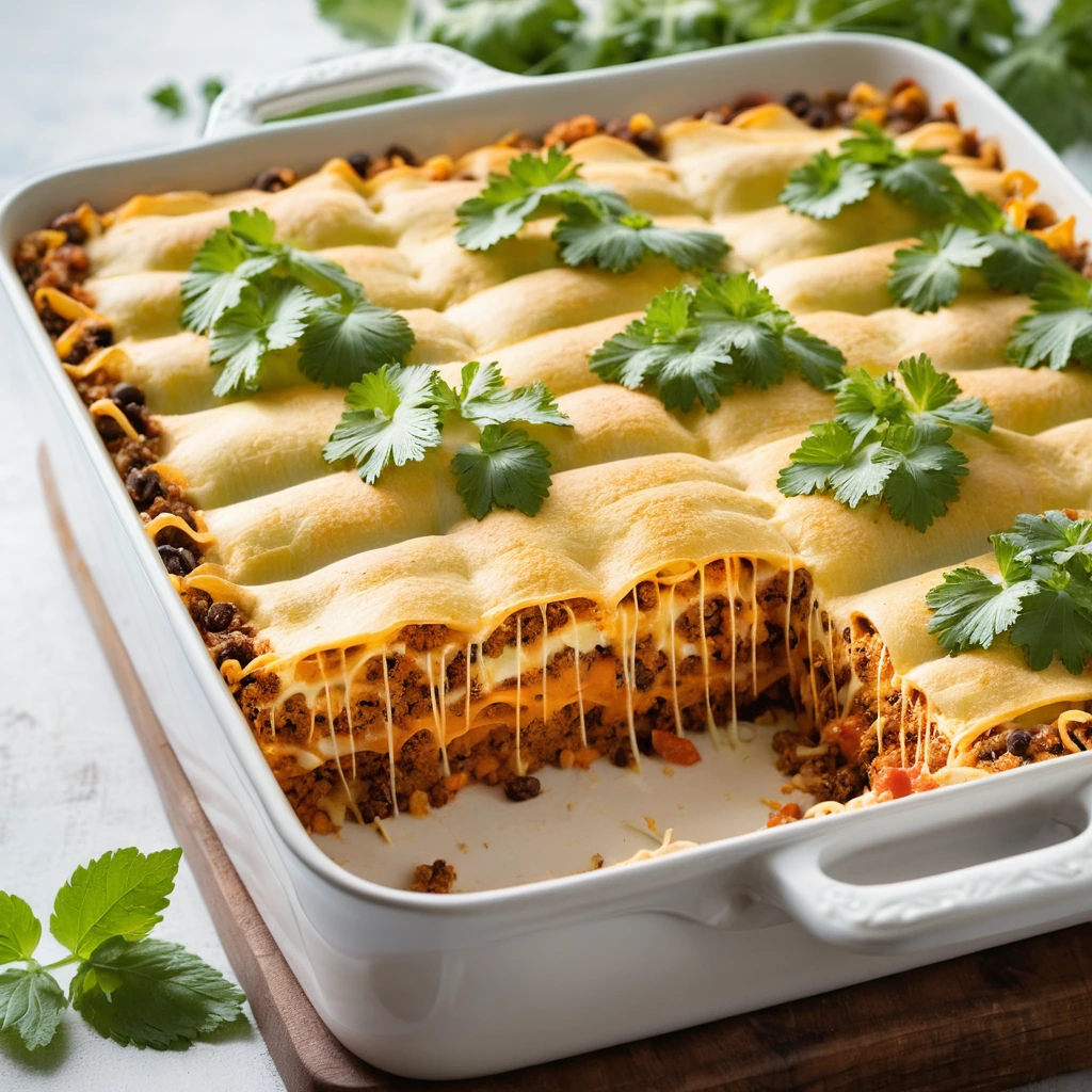 Golden bubbly casserole with layers of red taco sauce, pasta sheets, and melted cheese, sprinkled with fresh cilantro.