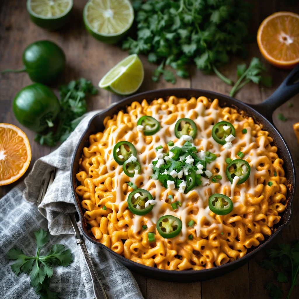 golden cheese melted over a bed of vibrant orange macaroni in a skillet, sprinkled with green onions