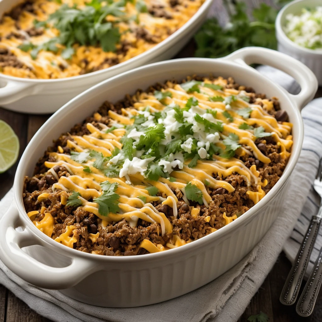 Golden casserole dish filled with cheesy rice and beef topped with melted cheese and fresh cilantro.
