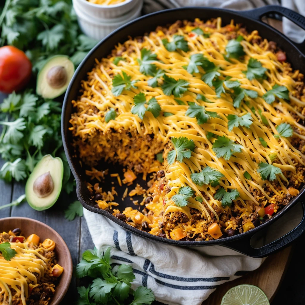 Golden rice topped with melted cheddar cheese and taco seasoning in a sizzling skillet.