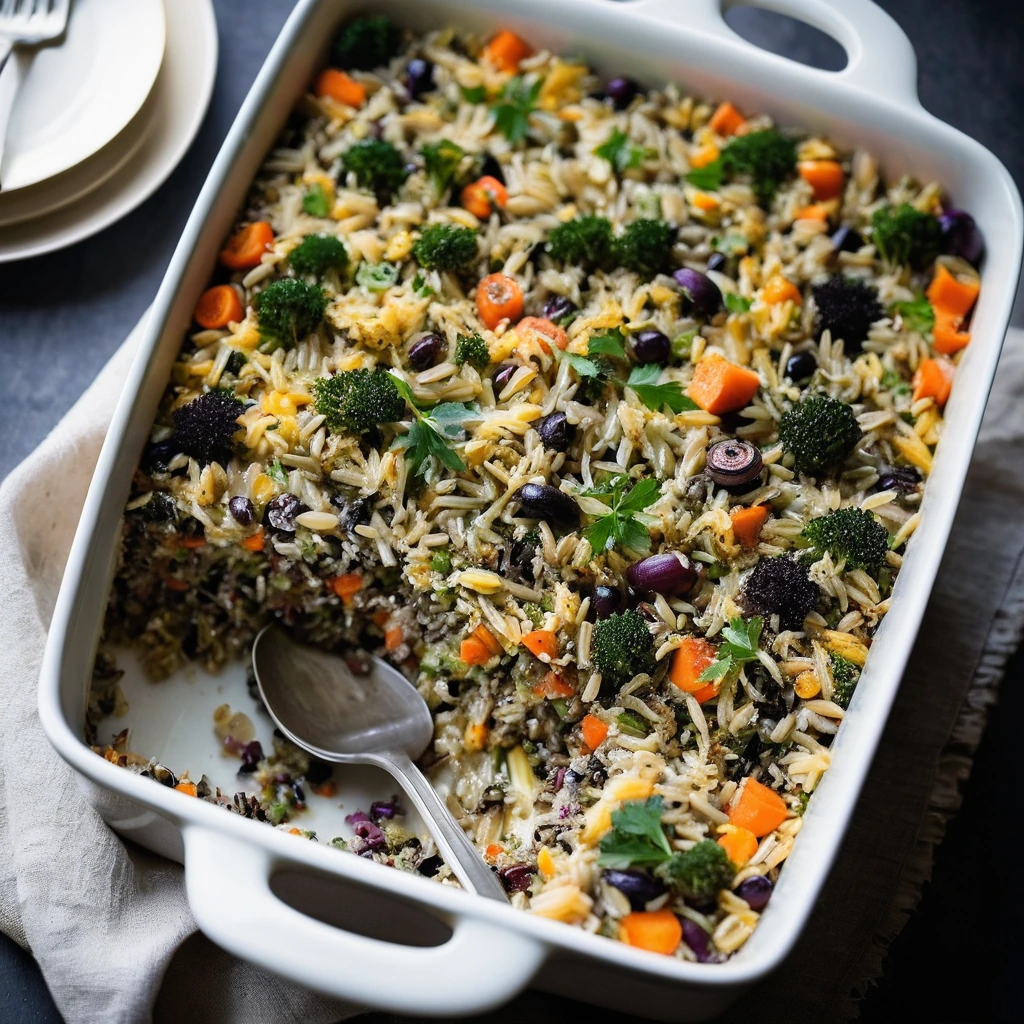 A rectangular casserole dish filled with golden wild rice, colorful vegetables, and a melted, bubbly cheese topping.