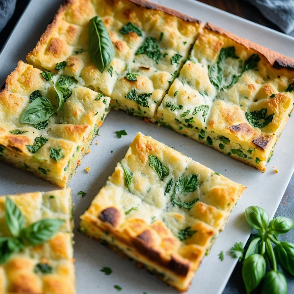 Golden frittata squares on a white plate with a sprinkle of green herbs on top.