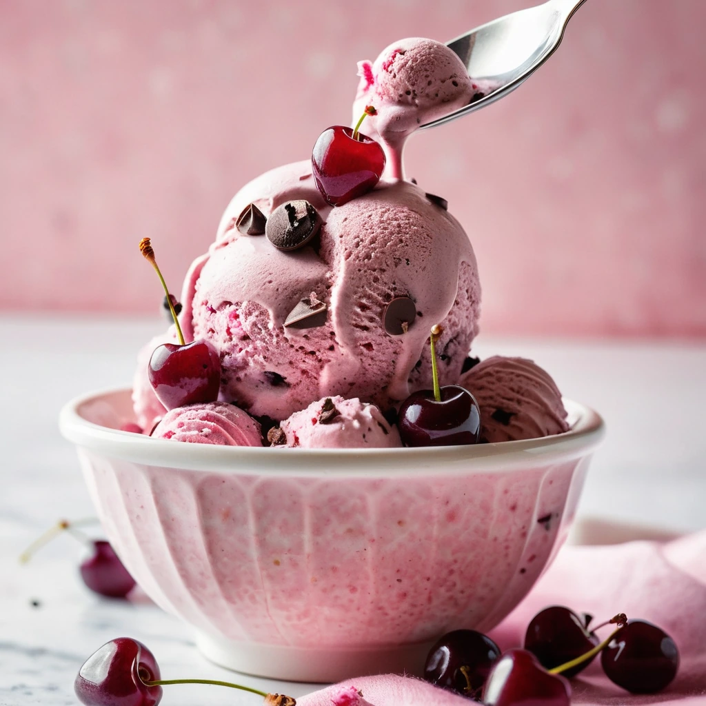 Scoop of pink and brown speckled ice cream in a white bowl with red cherry pieces visible.