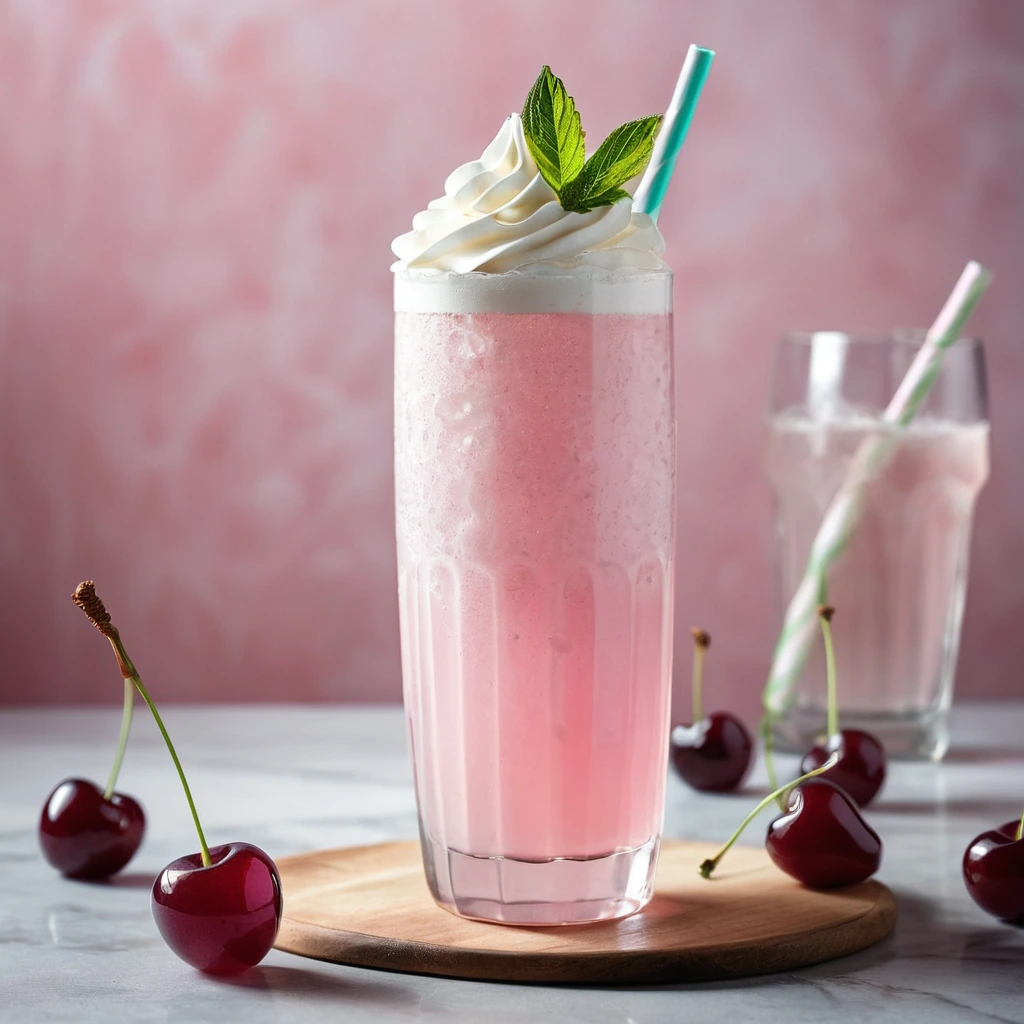 Tall glass filled with a pinkish-cream colored beverage topped with whipped cream and a maraschino cherry.