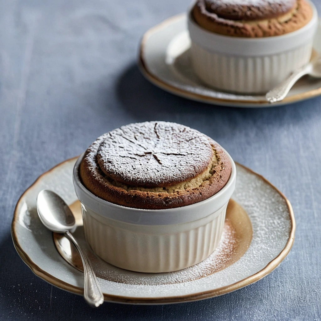 Golden chestnut soufflé in a ramekin with a lightly browned top, dusted with nutmeg.