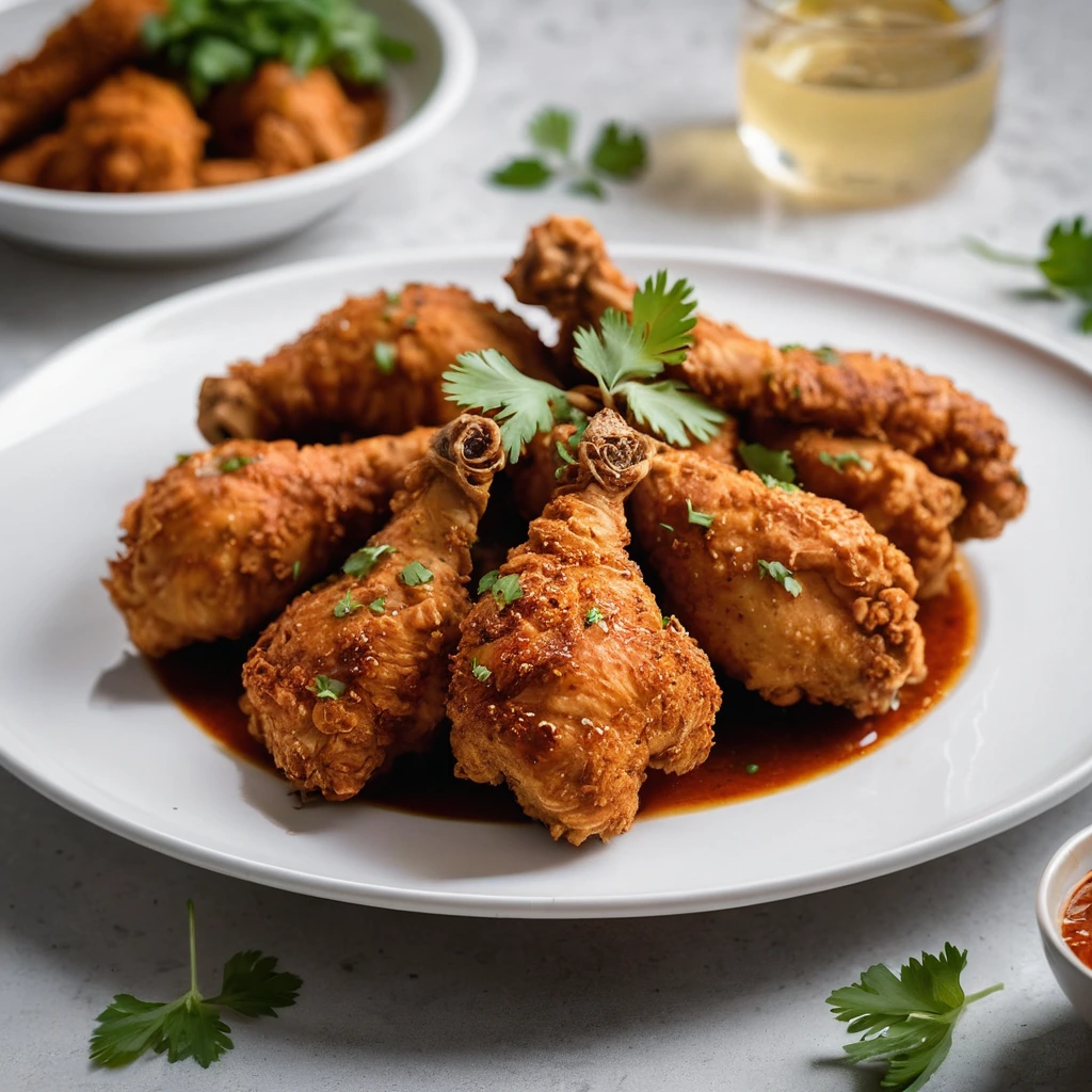 Golden fried chicken pieces in a vibrant red sauce, garnished with cilantro on a white plate.