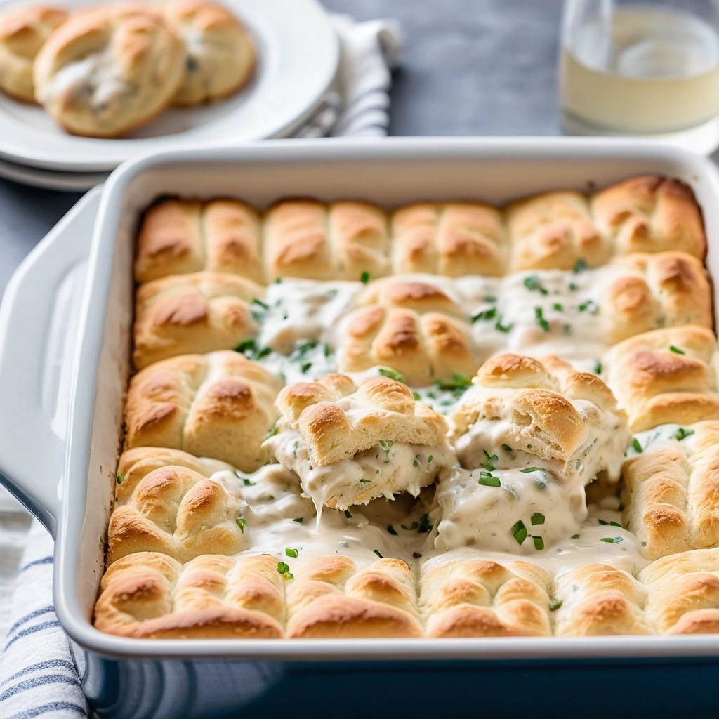 Baked casserole with golden biscuits topped with melted cheese and chicken in creamy sauce
