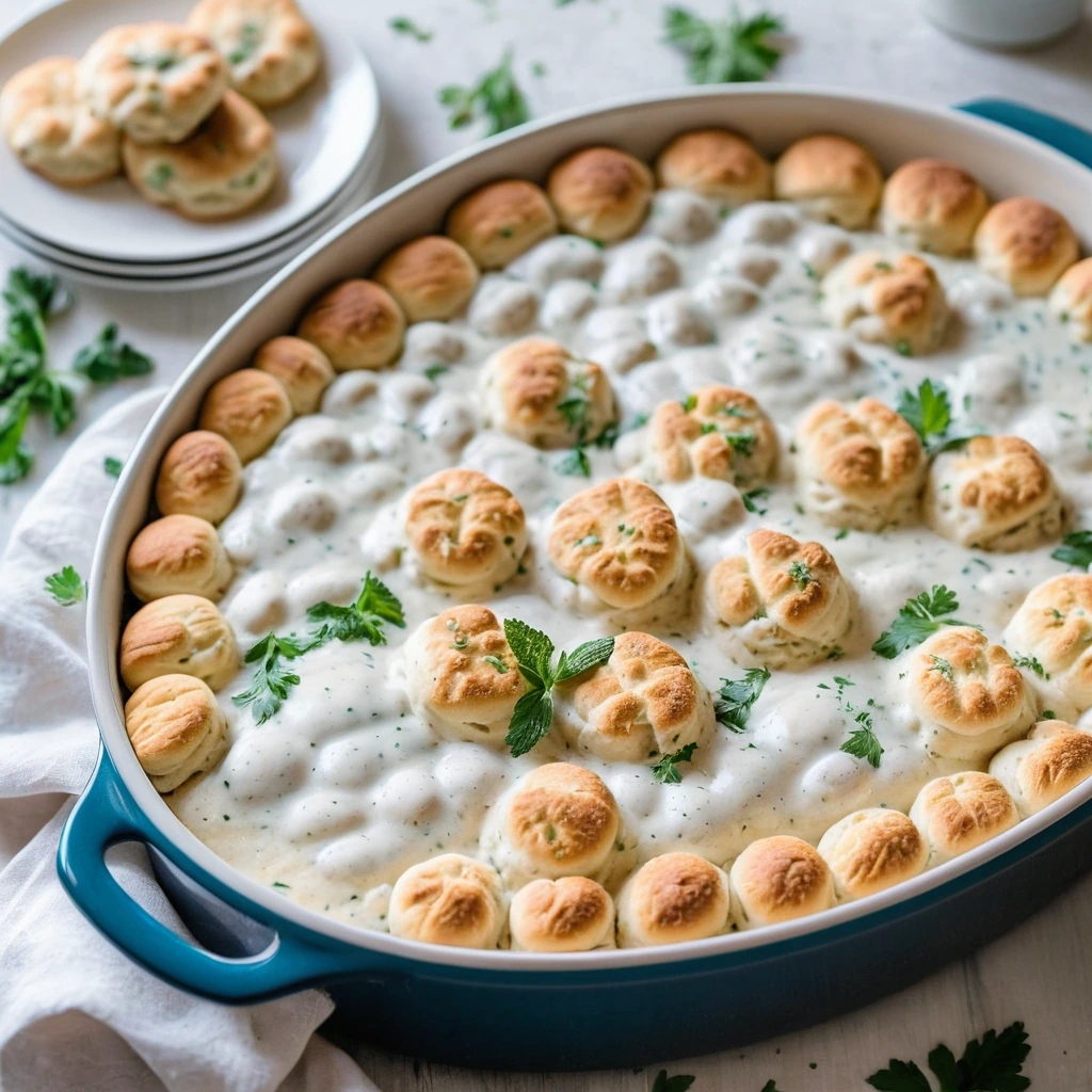 A bubbly casserole in a baking dish with golden biscuits peeking through creamy white sauce, sprinkled with parsley.