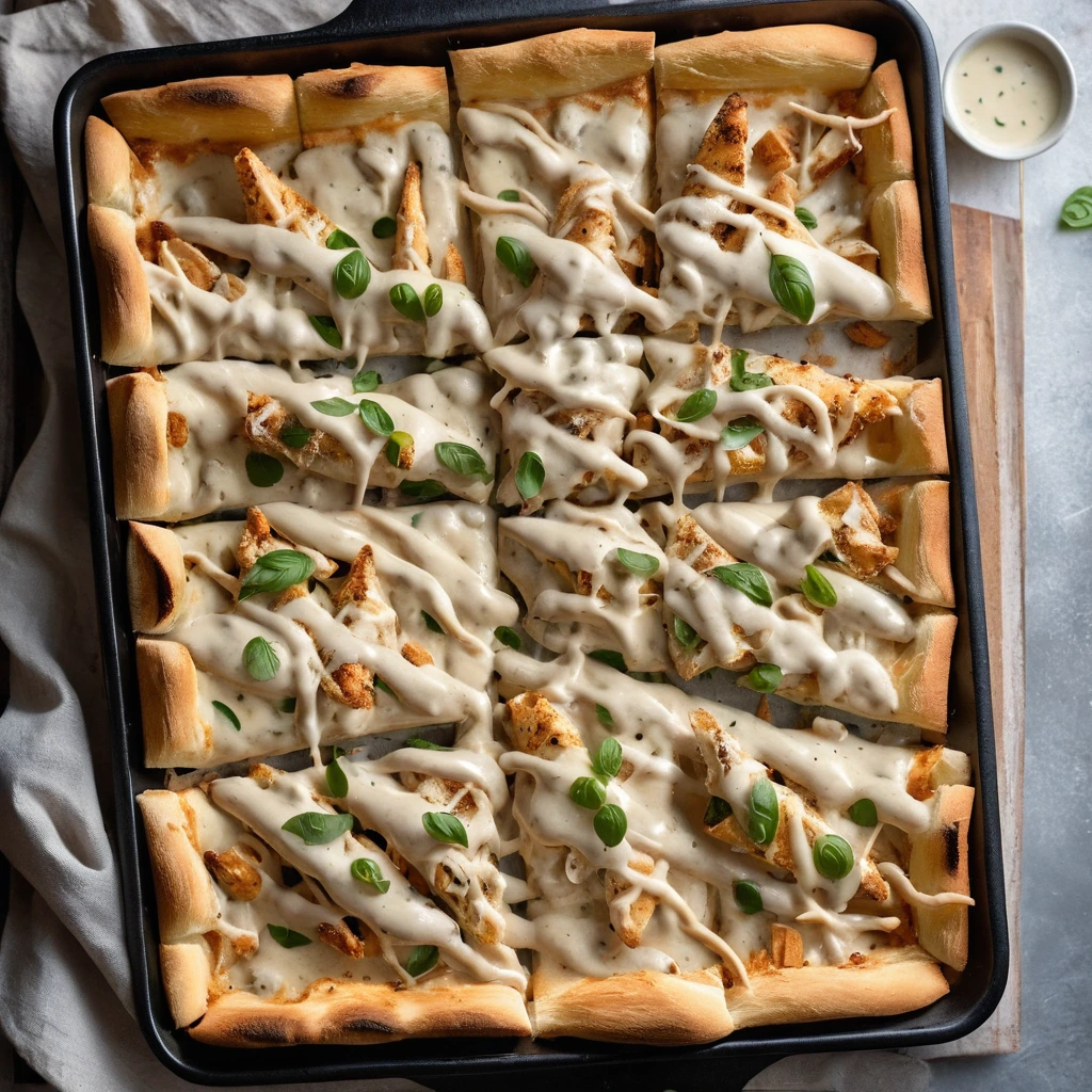 Crispy fries topped with melted cheese, creamy Alfredo sauce, grilled chicken, and pizza toppings in a rectangular baking dish.