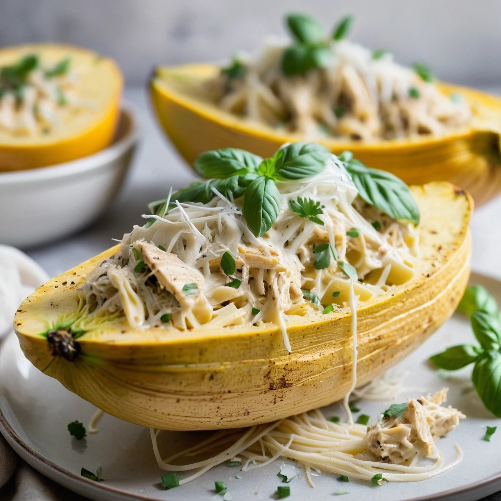 Two halves of roasted spaghetti squash overflowing with creamy alfredo sauce and shredded chicken, topped with grated parmesan.