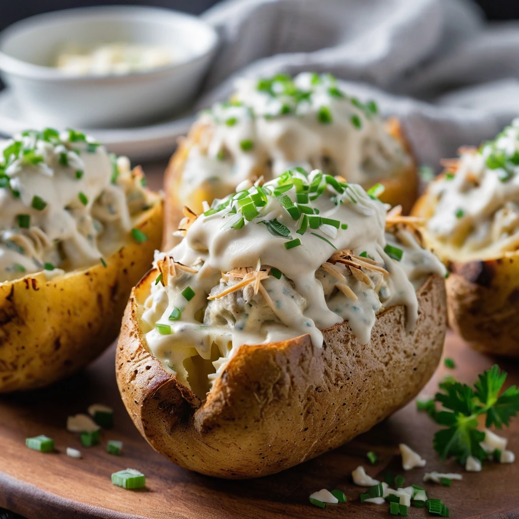 Four golden brown baked potatoes split open and stuffed with creamy white alfredo sauce and shredded chicken, topped with melted cheese and chives.