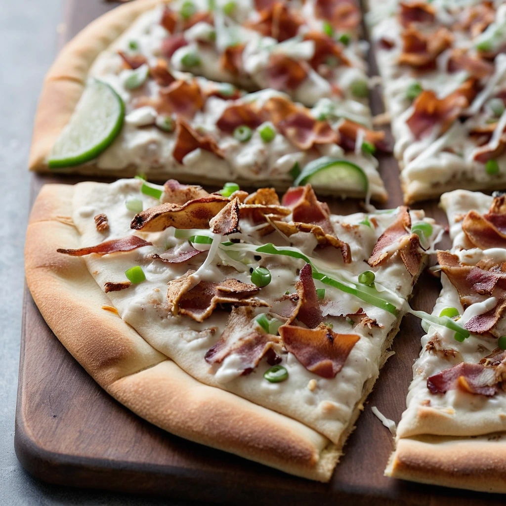 Golden flatbread pizza topped with shredded chicken, bacon bits, and drizzled ranch dressing, garnished with green onions.