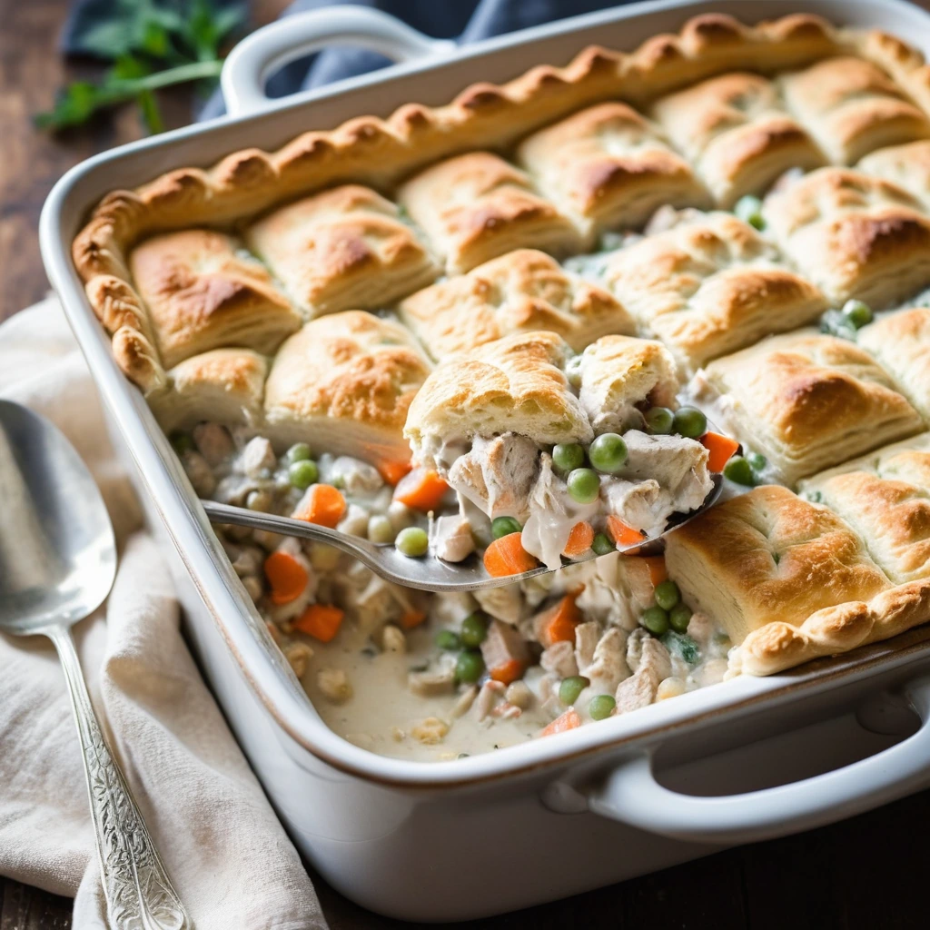A bubbly casserole in a baking dish with flaky golden biscuits on top and creamy filling peeking through.