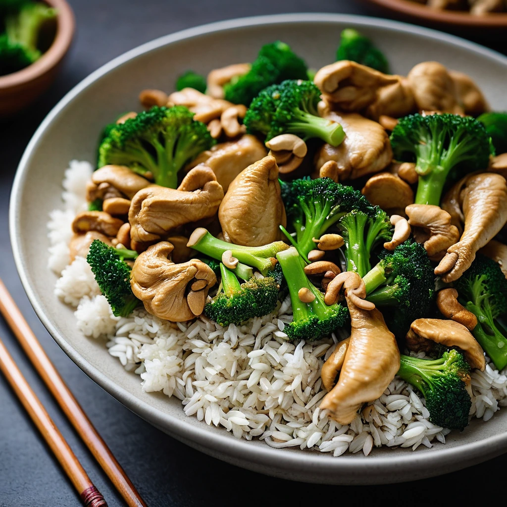 Steamed broccoli and chicken pieces in a glossy sauce with golden cashews, served in a sizzling skillet.