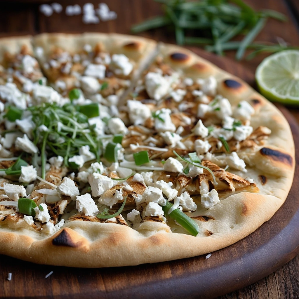 Flatbread topped with shredded chicken, caramelized onions, and crumbled feta served on a rustic wooden board.