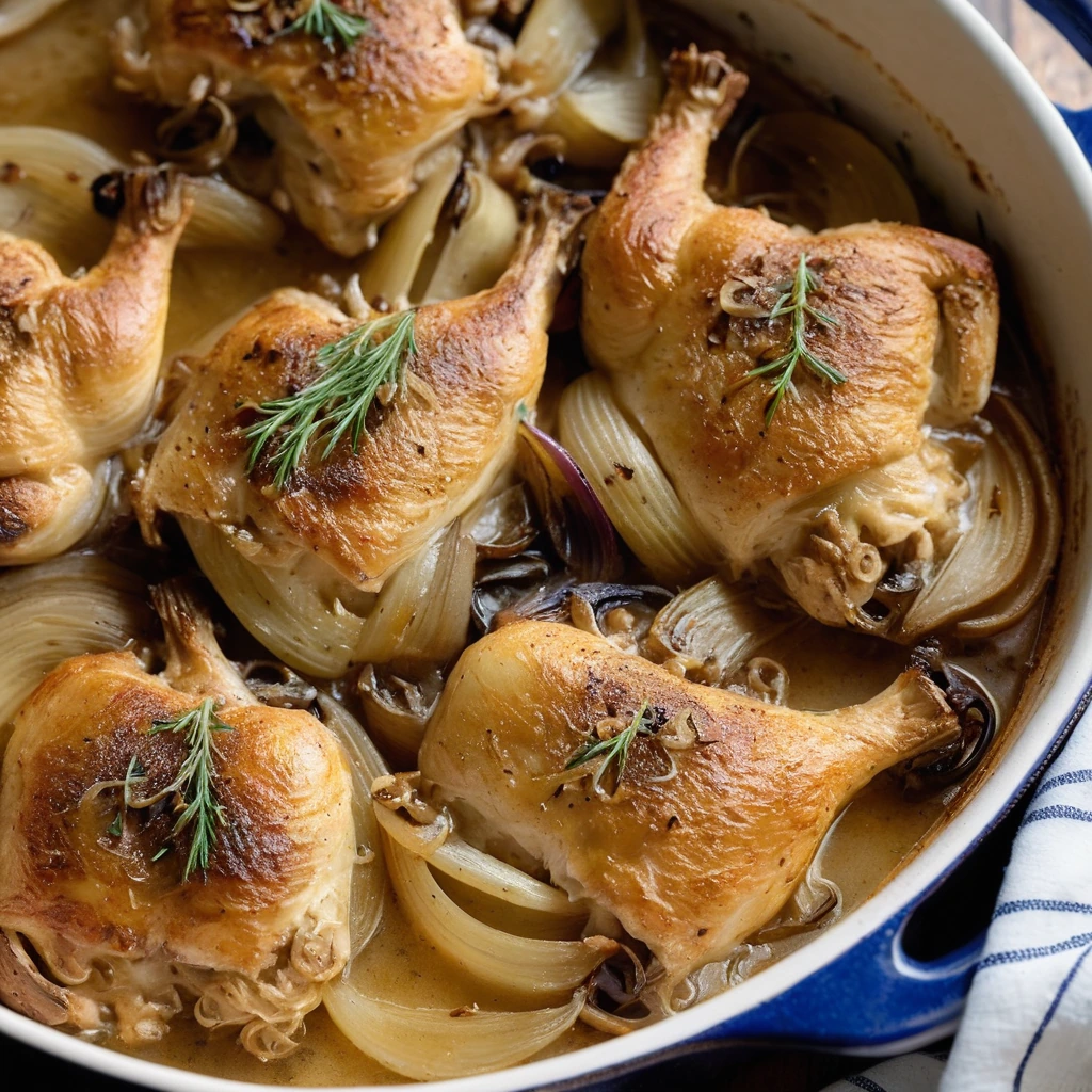 Baked chicken thighs topped with caramelized onions and melted cheese, bubbling in a golden sauce in a baking dish.