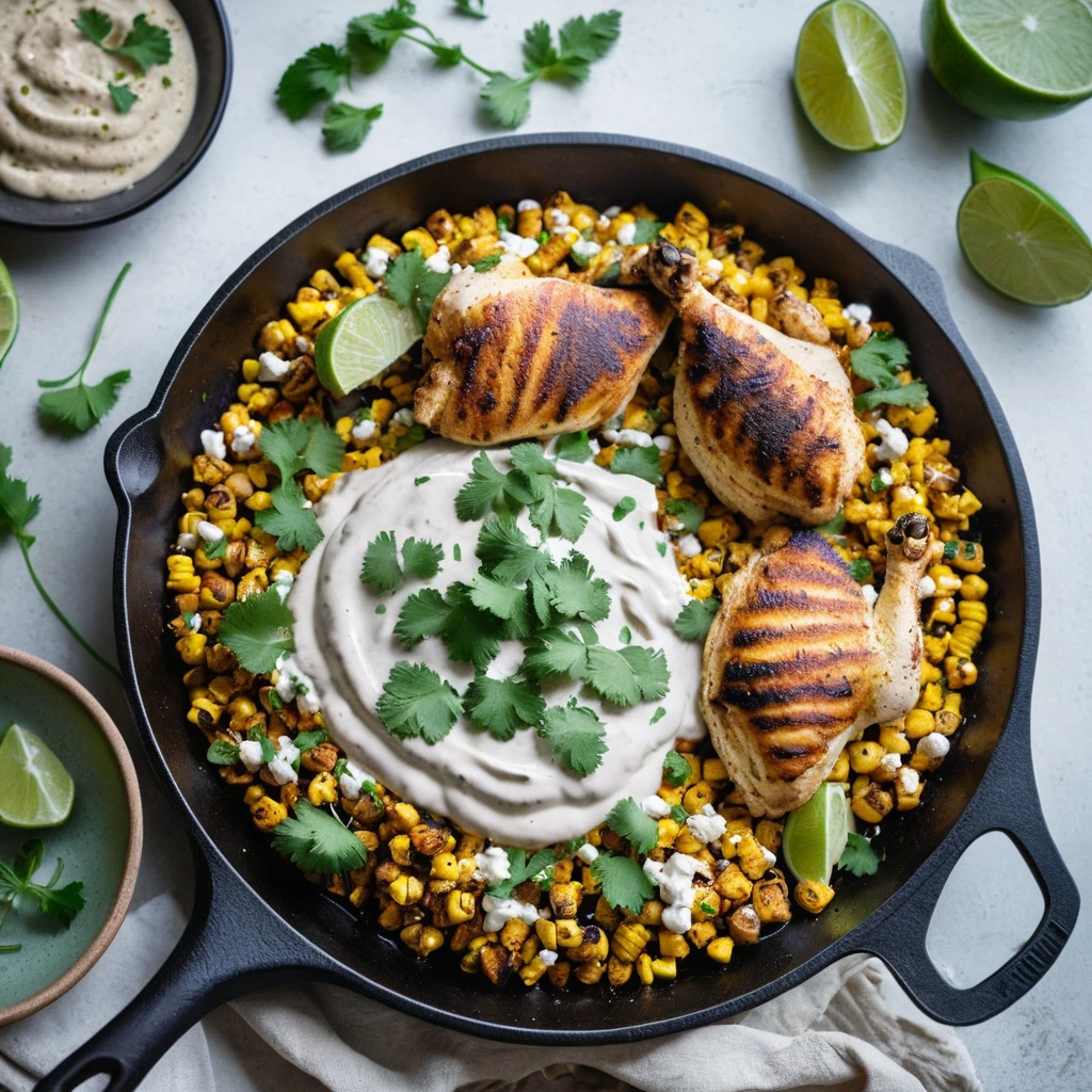 Colorful skillet with golden chicken, blackened corn kernels, vibrant green cilantro, and a swirl of white crema.