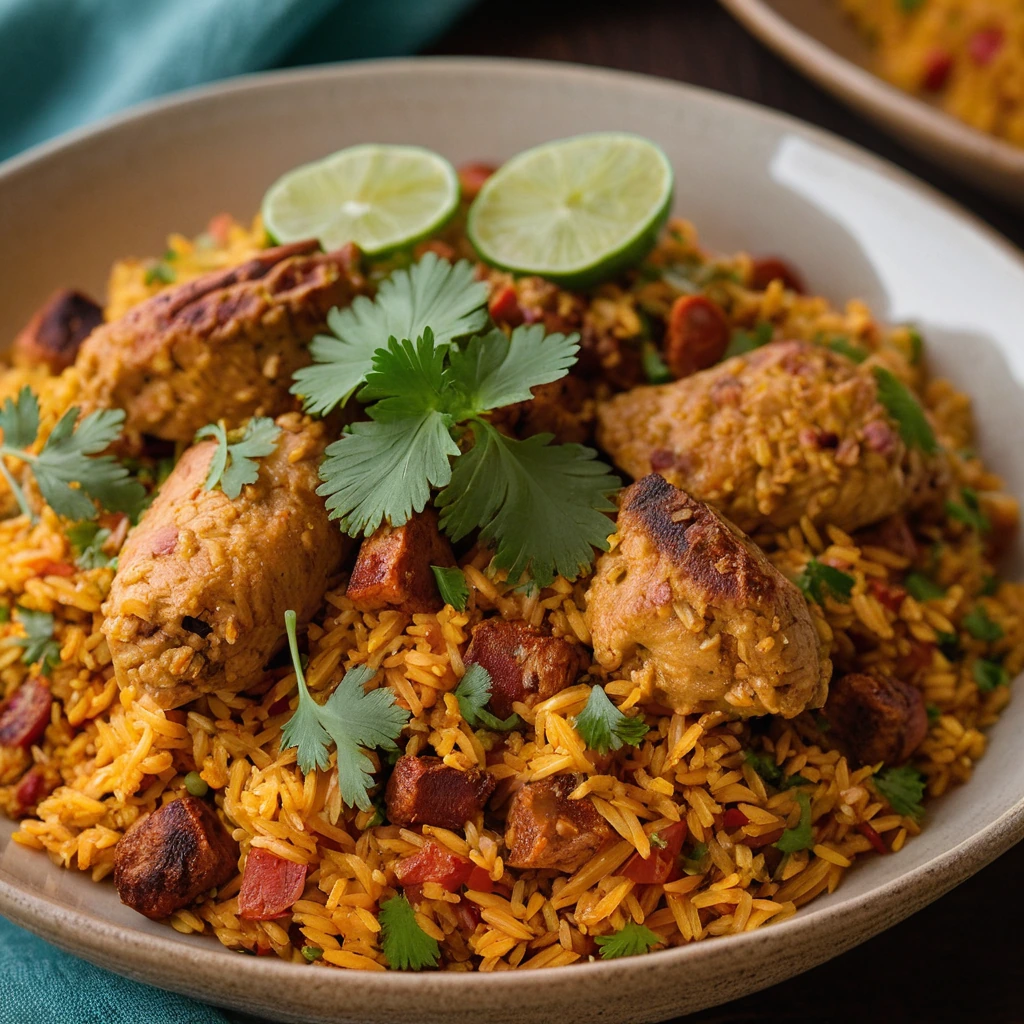 A golden bowl of yellow rice topped with tender chicken pieces and spicy chorizo, garnished with fresh cilantro.