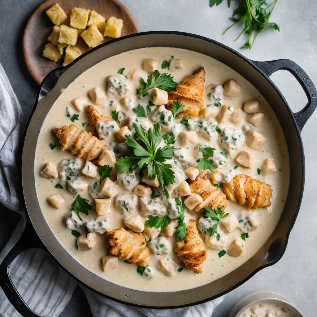 Skillet with golden gnocchi, diced chicken, and creamy white sauce garnished with parsley.