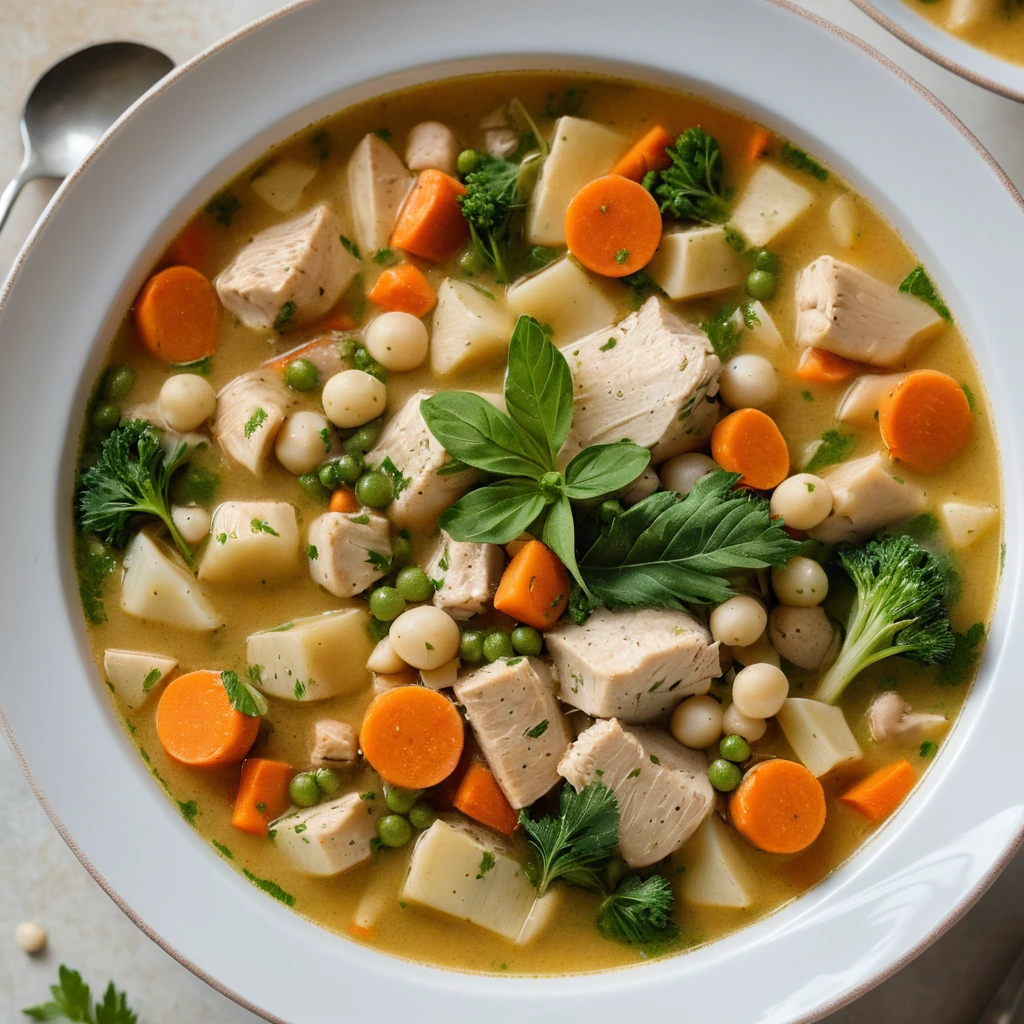 Hearty bowl of chicken, gnocchi, and mixed vegetables in a golden broth, garnished with fresh parsley.
