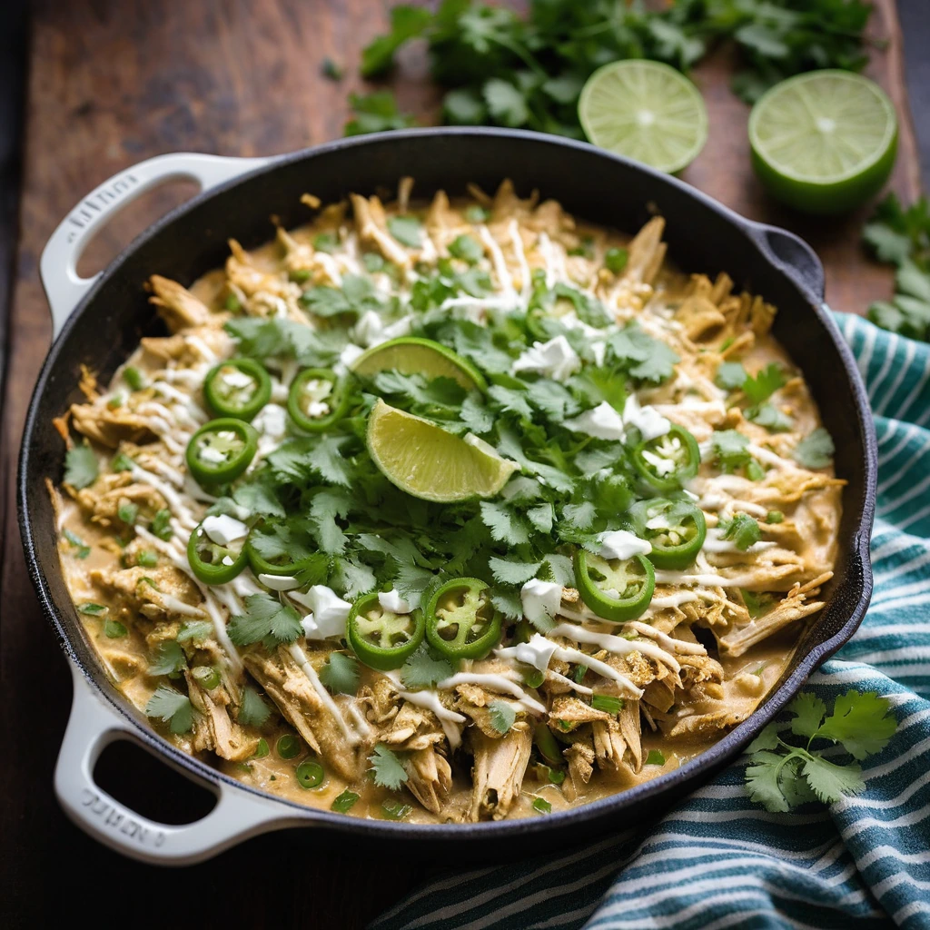 A golden skillet dish with layers of shredded chicken, green chiles, and melted cheese, topped with fresh cilantro.
