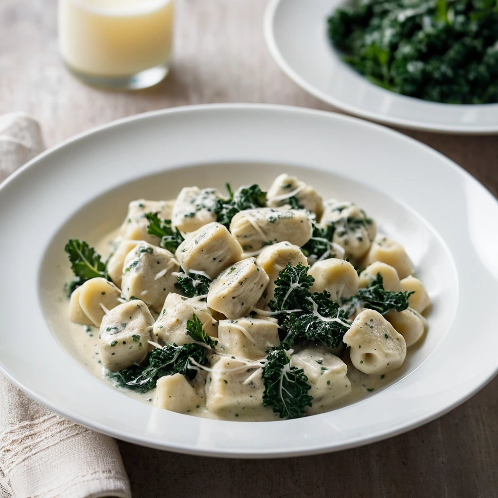 Steaming bowl of gnocchi with shredded chicken and kale in a creamy garlic sauce, garnished with fresh parsley.