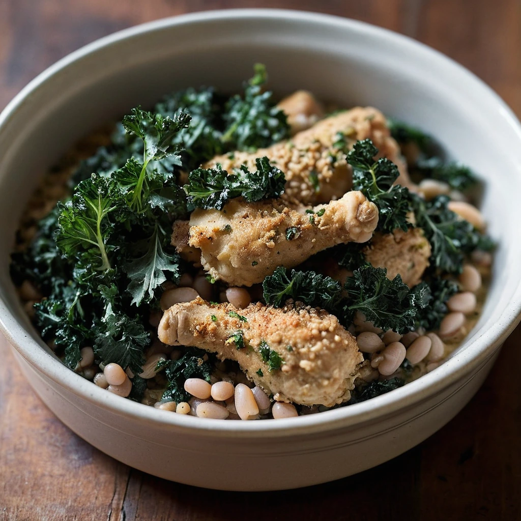 A rustic earthenware dish filled with a golden-brown cassoulet topped with crispy bread crumbs, flecks of green kale, and chunks of chicken.