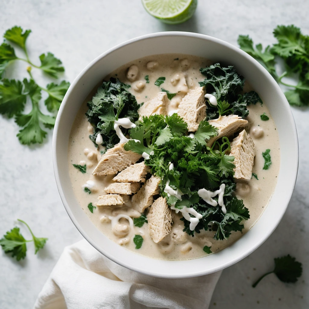 Bowl of creamy white chili with chunks of chicken, kale, and a swirl of green lime crema