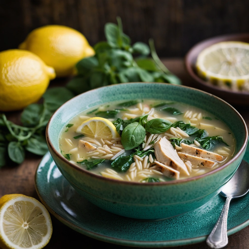 Golden orzo soup with shredded chicken, vibrant spinach, and a lemon wedge garnish in a rustic bowl.