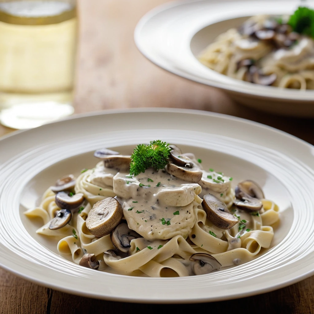 Creamy white sauce with chicken and mushrooms spooned over golden buttered noodles in a shallow bowl.