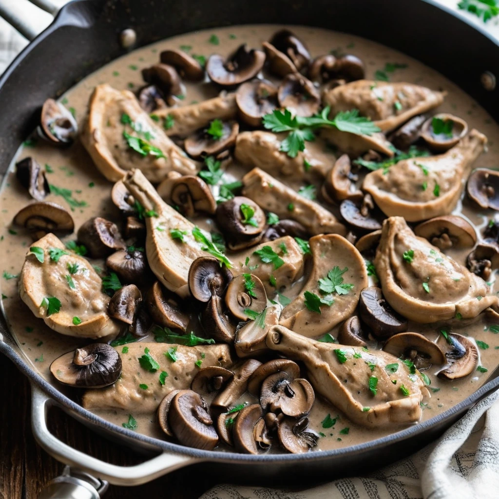 Golden chicken pieces and brown mushrooms in a creamy sauce on a skillet, garnished with fresh parsley.