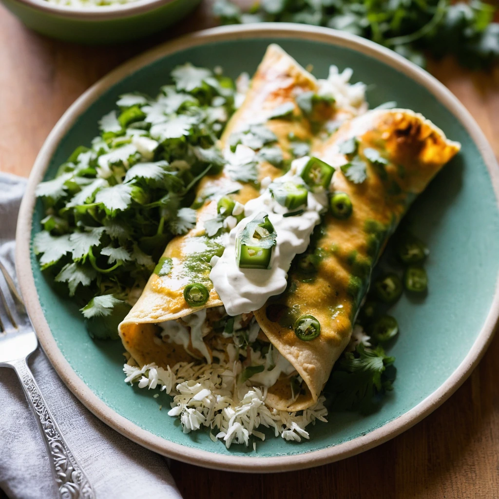 Golden-brown enchiladas topped with melted cheese, nestled on a colorful plate.