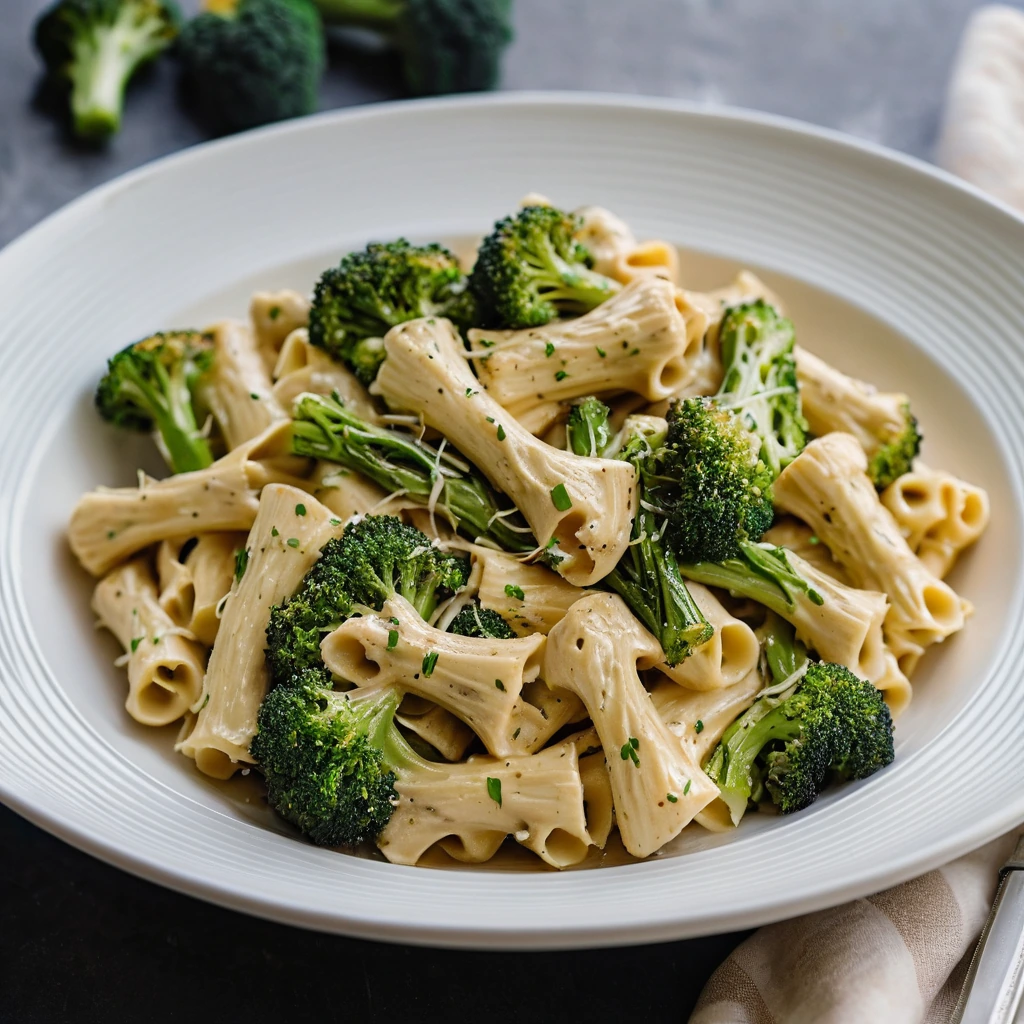 Golden roasted broccoli florets and chicken pieces mixed with al dente pasta in a creamy orange cheddar sauce served in a white bowl.