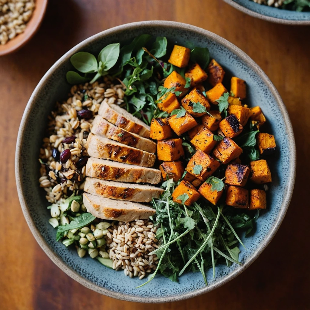 Colorful grain bowl with roasted butternut squash, grilled chicken, and mixed greens.