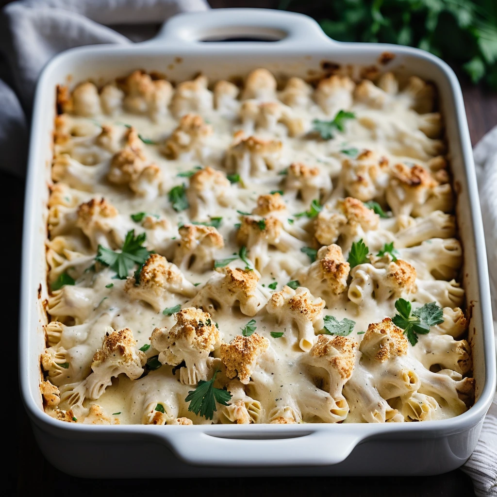 golden bubbly casserole with roasted cauliflower florets and shredded chicken topped with melted cheese in a rectangular baking dish