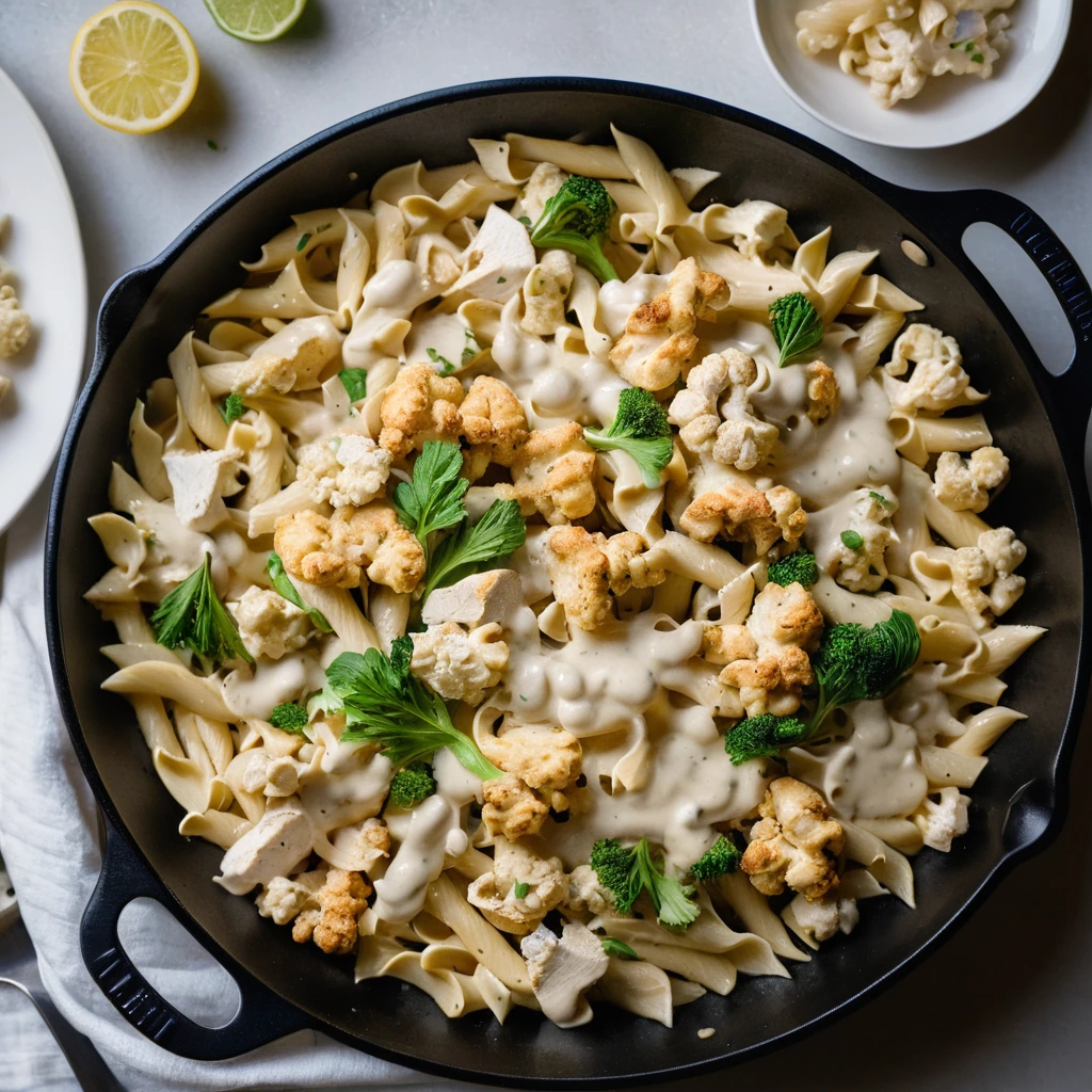 Golden cauliflower and juicy chicken pieces in a creamy white sauce, served sizzling in a skillet.