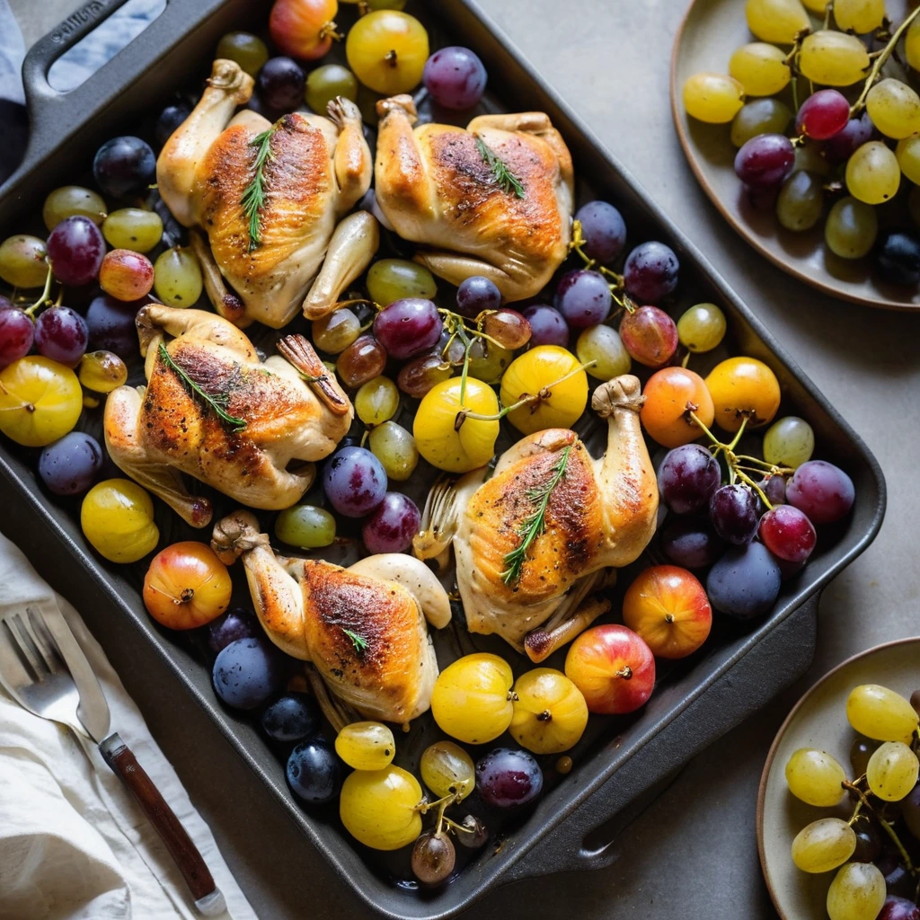 Sheet pan with roasted chicken thighs, golden grapes, and colorful roasted vegetables.