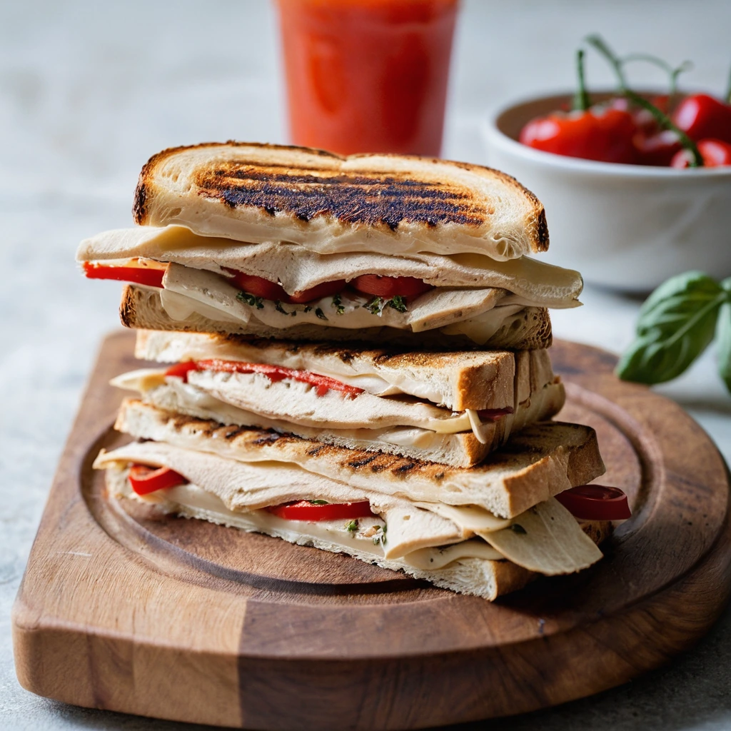 A pressed sandwich with melted cheese and roasted red peppers visible, nestled on a wooden board
